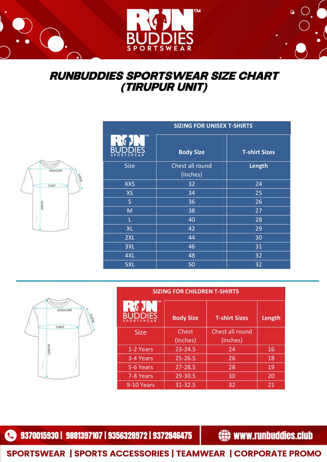 Official Size Chart - SaiShree VitaLife WellnessVista Run 2026 -3rd Edition